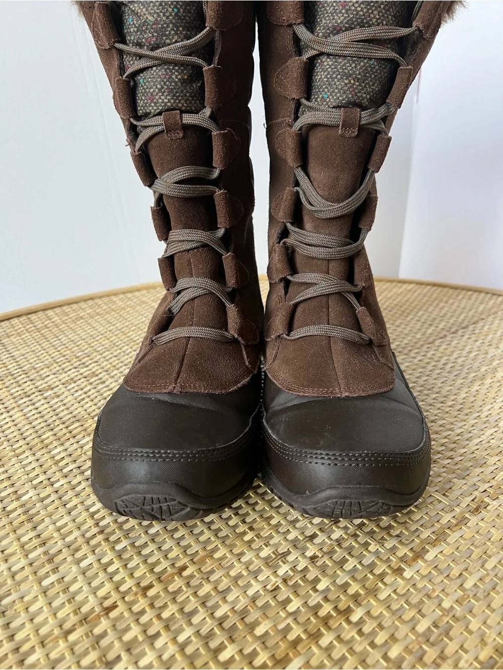 The North Face Nuptse Purna winter boots brown suede multi tweed faux fur 8.5
